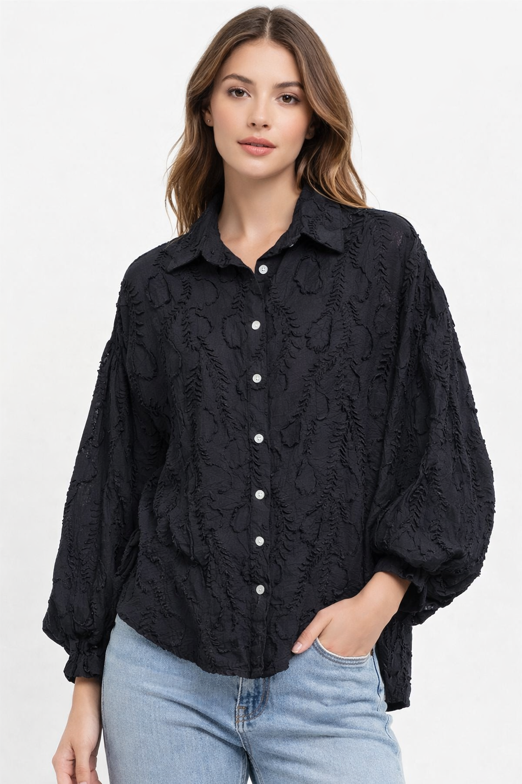 Floral Jacquard Textured Blouse with Puff Sleeves