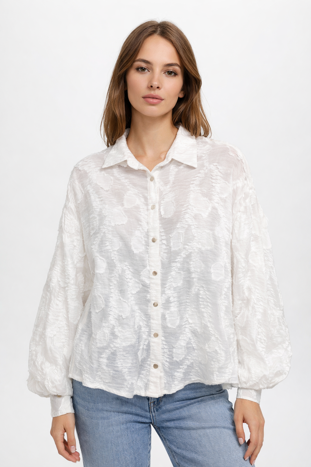 Floral Jacquard Textured Blouse with Puff Sleeves