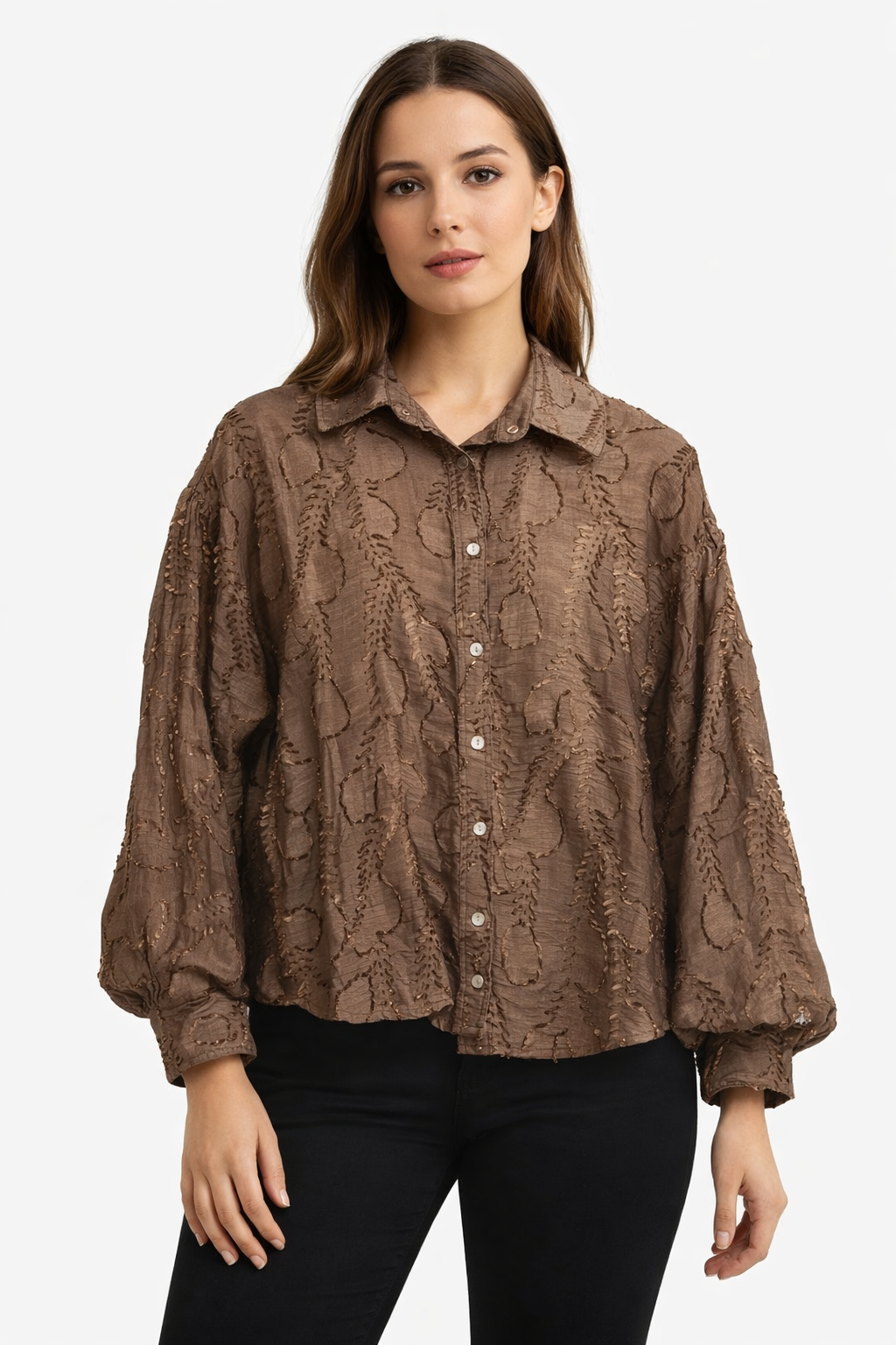 Floral Jacquard Textured Blouse with Puff Sleeves