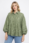 Floral Jacquard Textured Blouse with Puff Sleeves