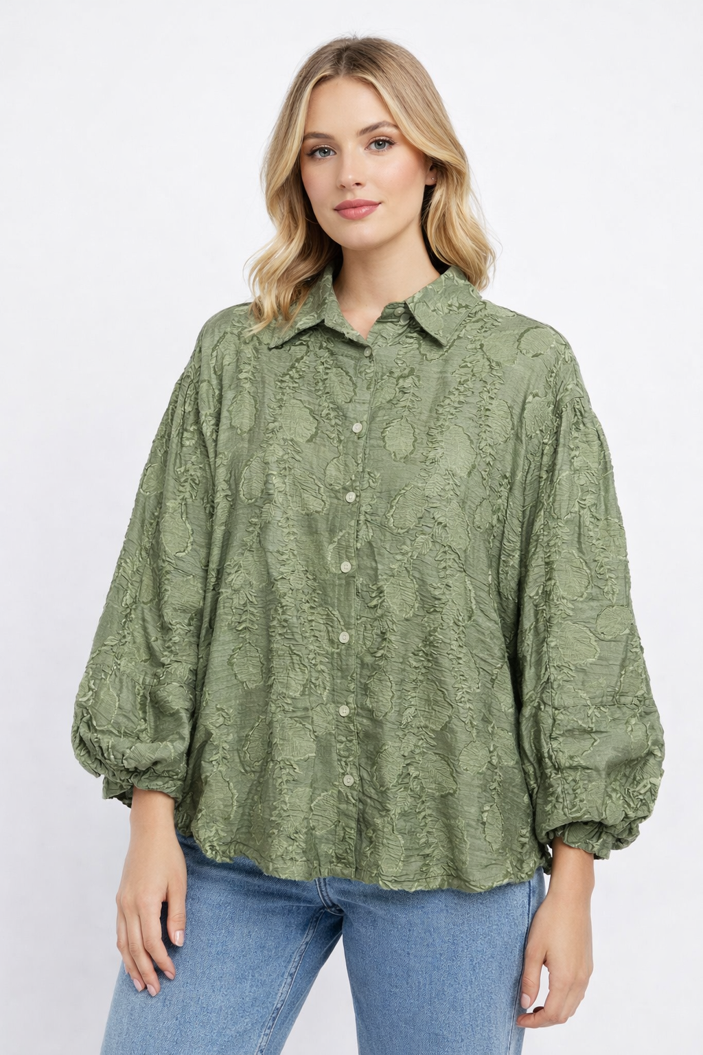 Floral Jacquard Textured Blouse with Puff Sleeves