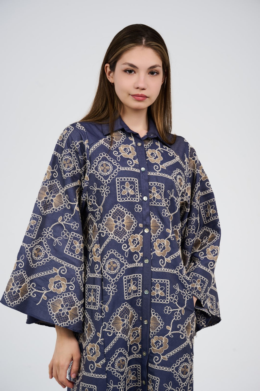 Women’s Embroidery Maxi Shirt Dress/Kaftan with Wide Sleeves & Button Front