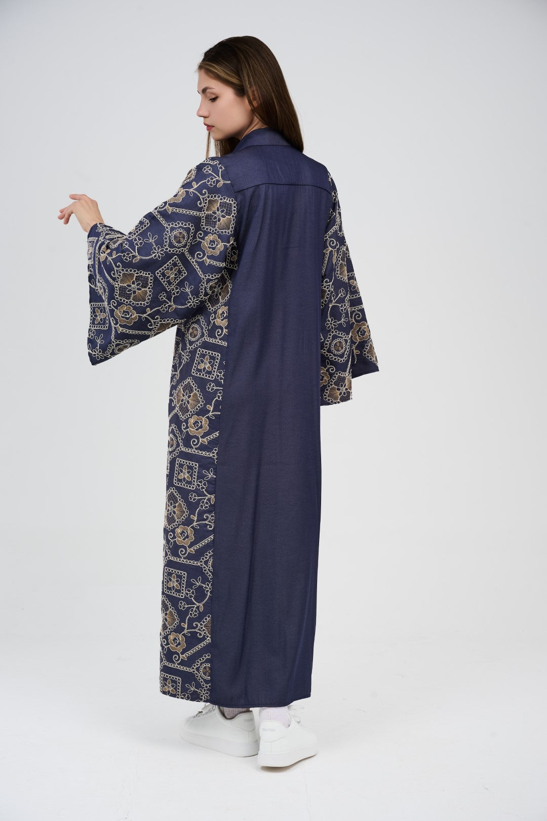 Women’s Embroidery Maxi Shirt Dress/Kaftan with Wide Sleeves & Button Front