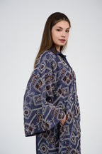 فستان/عباية قميص ماكسي تطريز  بأكمام واسعة وأزرار أمامية

