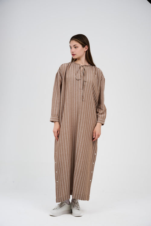 Linen Women’s Striped Maxi Dress/Abaya in Taupe