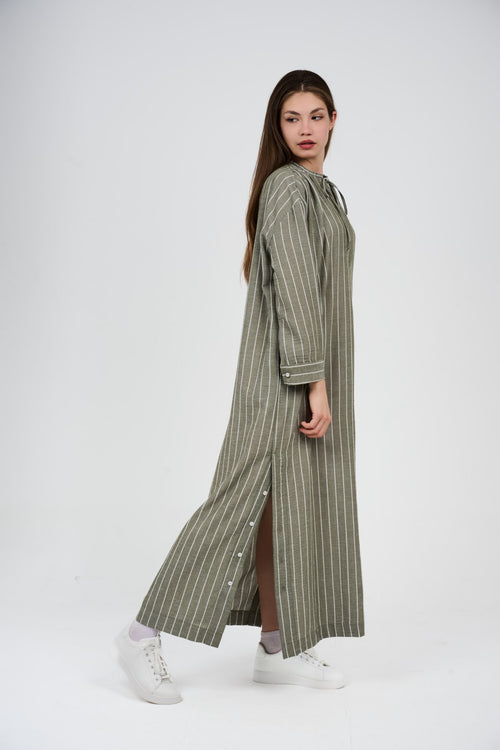 Linen Women’s Striped Maxi Dress/Abaya in Taupe