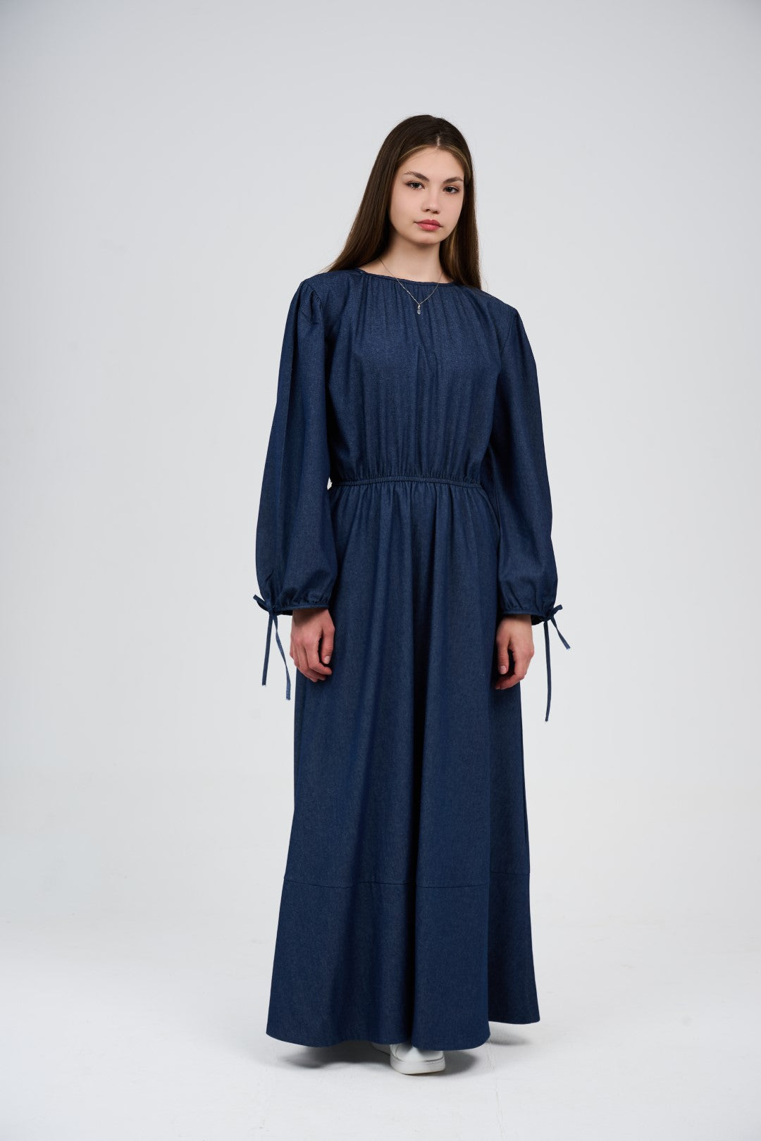 Women’s Denim Maxi Dress with Elastic Waist & Tie-Cuff Puff Sleeves