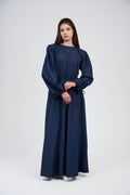 Women’s Denim Maxi Dress with Elastic Waist & Tie-Cuff Puff Sleeves