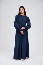 Women’s Denim Maxi Dress with Elastic Waist & Tie-Cuff Puff Sleeves