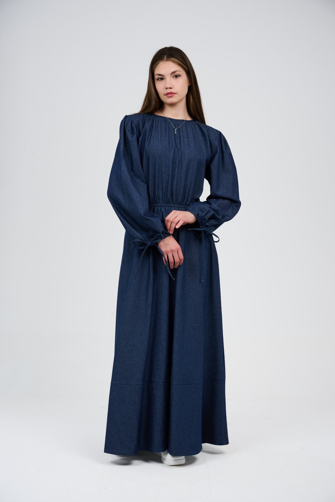 Women’s Denim Maxi Dress with Elastic Waist & Tie-Cuff Puff Sleeves