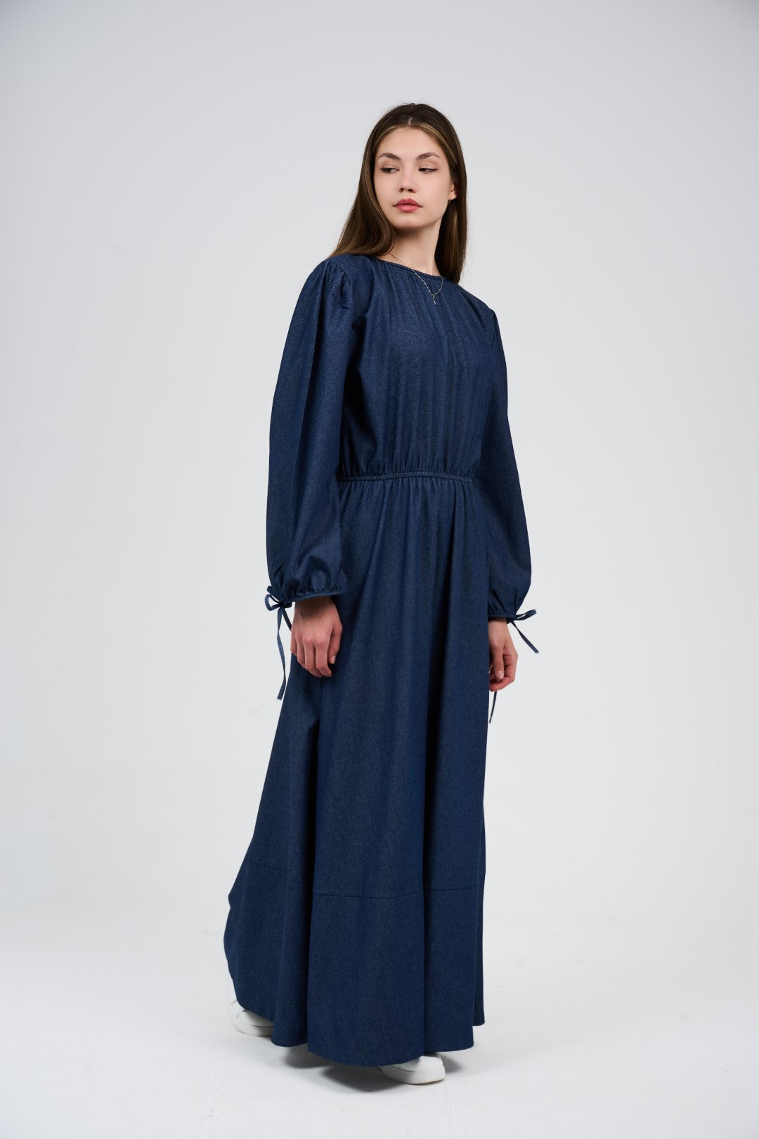 Women’s Denim Maxi Dress with Elastic Waist & Tie-Cuff Puff Sleeves