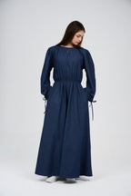 Women’s Denim Maxi Dress with Elastic Waist & Tie-Cuff Puff Sleeves