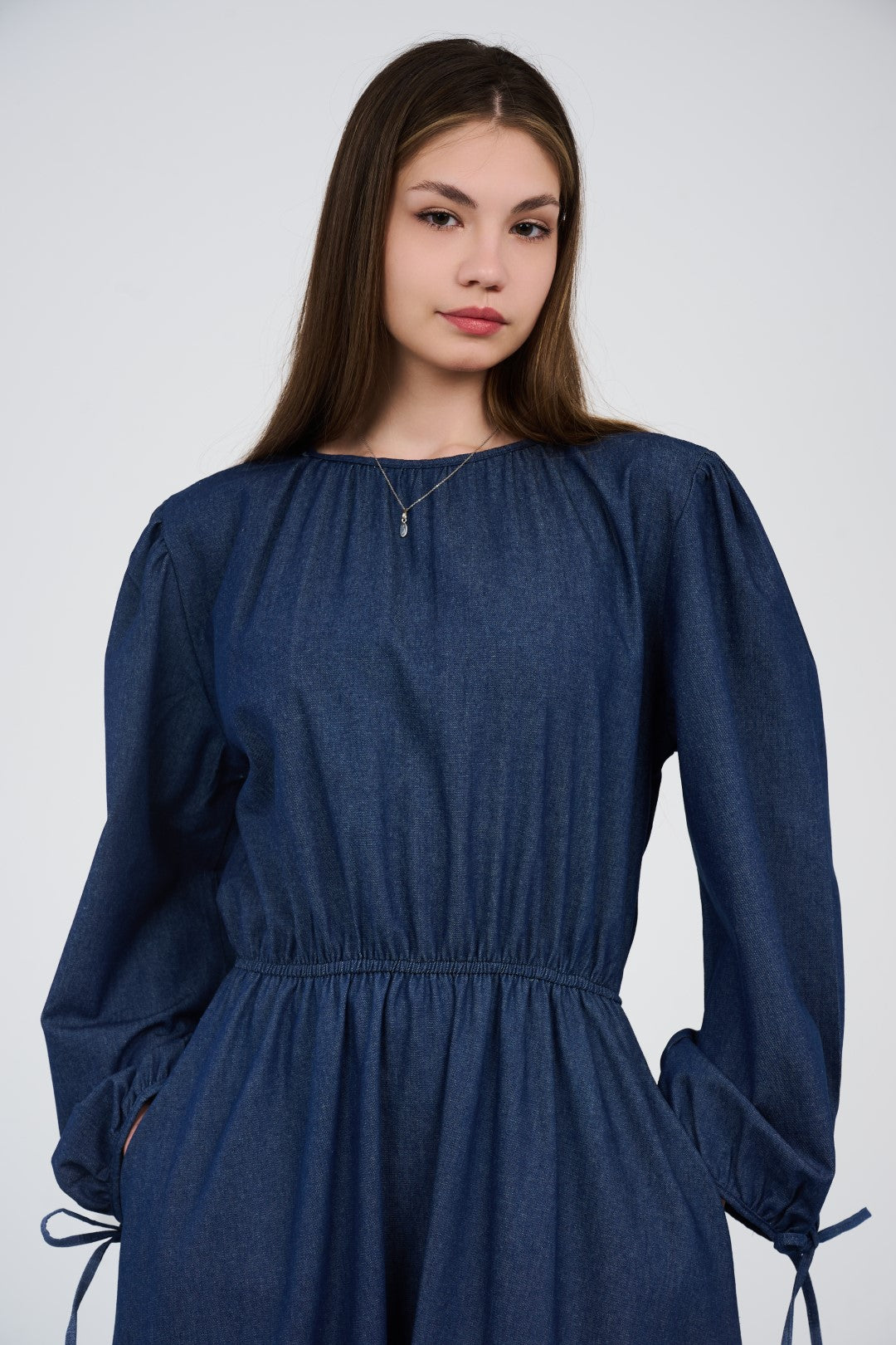 Women’s Denim Maxi Dress with Elastic Waist & Tie-Cuff Puff Sleeves