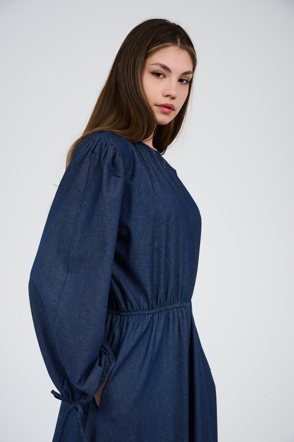 Women’s Denim Maxi Dress with Elastic Waist & Tie-Cuff Puff Sleeves