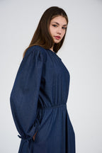 Women’s Denim Maxi Dress with Elastic Waist & Tie-Cuff Puff Sleeves