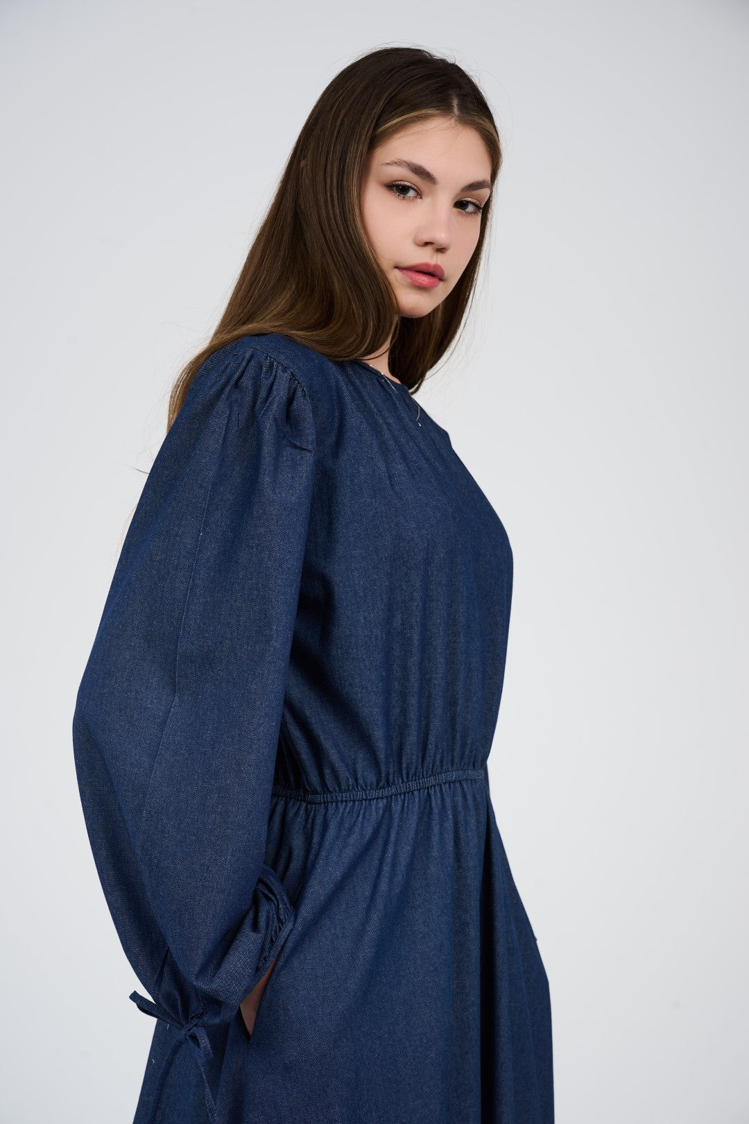 Women’s Denim Maxi Dress with Elastic Waist & Tie-Cuff Puff Sleeves