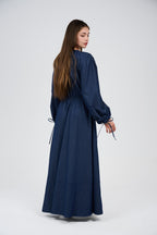 Women’s Denim Maxi Dress with Elastic Waist & Tie-Cuff Puff Sleeves