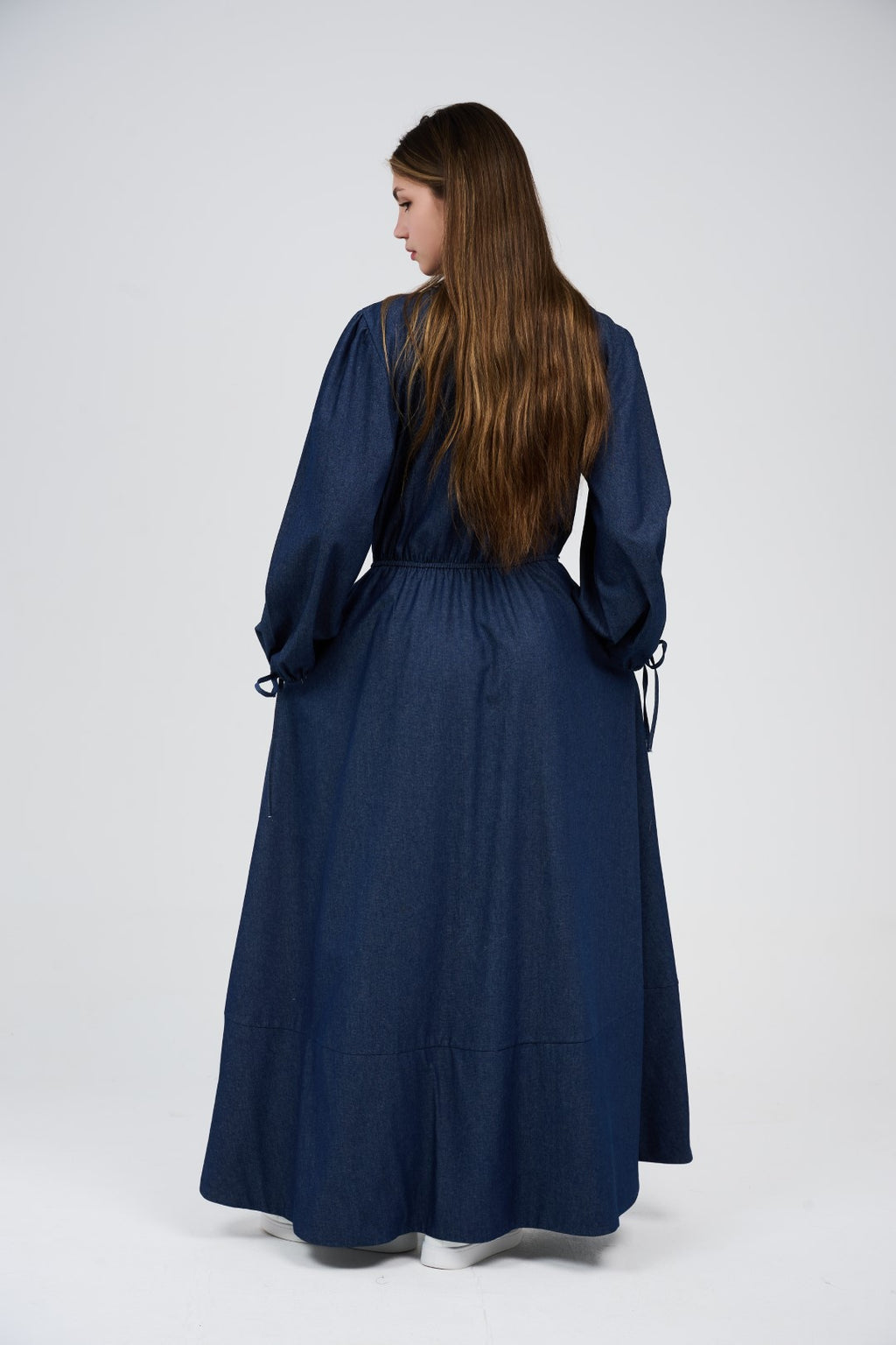 Women’s Denim Maxi Dress with Elastic Waist & Tie-Cuff Puff Sleeves