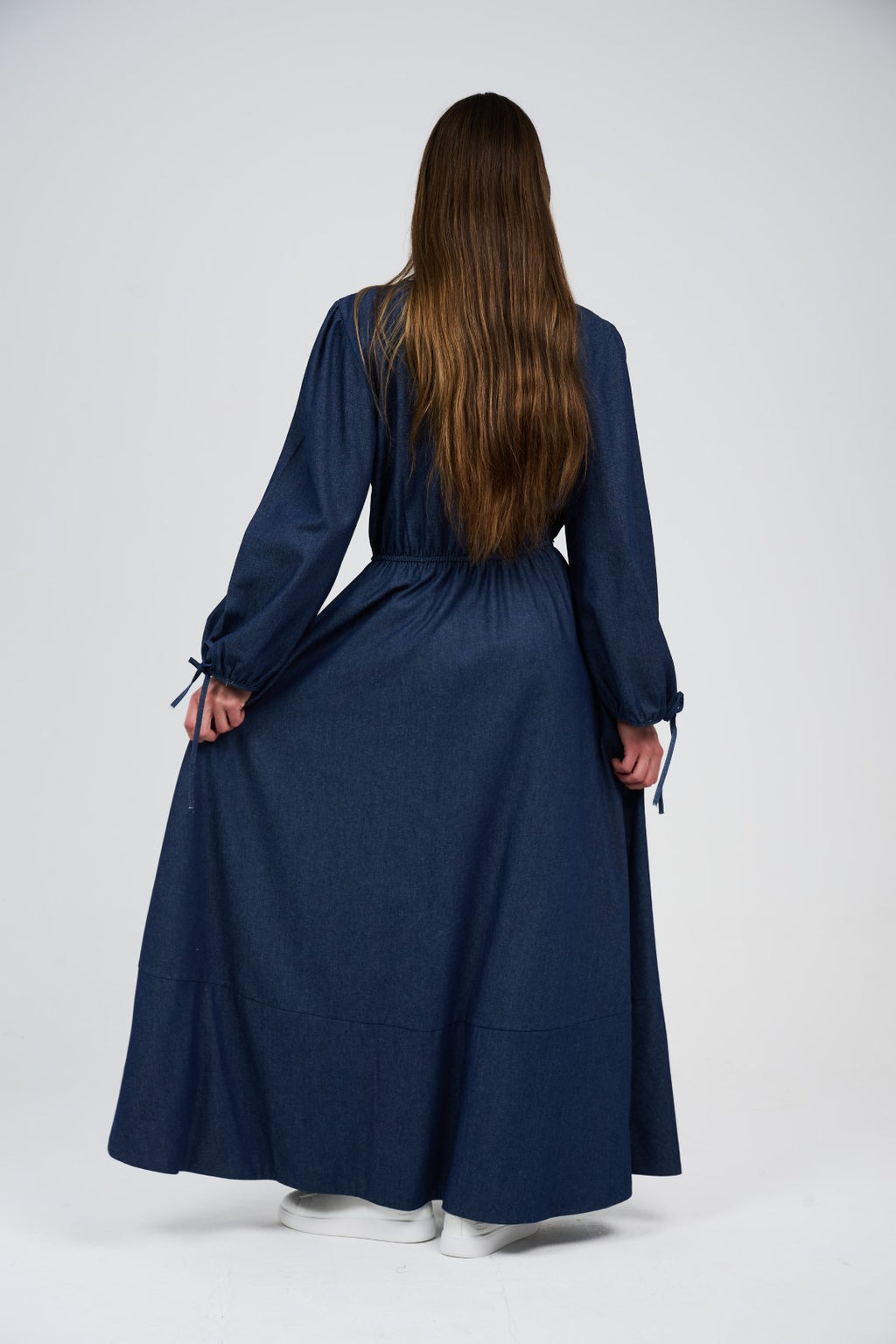 Women’s Denim Maxi Dress with Elastic Waist & Tie-Cuff Puff Sleeves