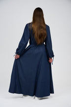 Women’s Denim Maxi Dress with Elastic Waist & Tie-Cuff Puff Sleeves