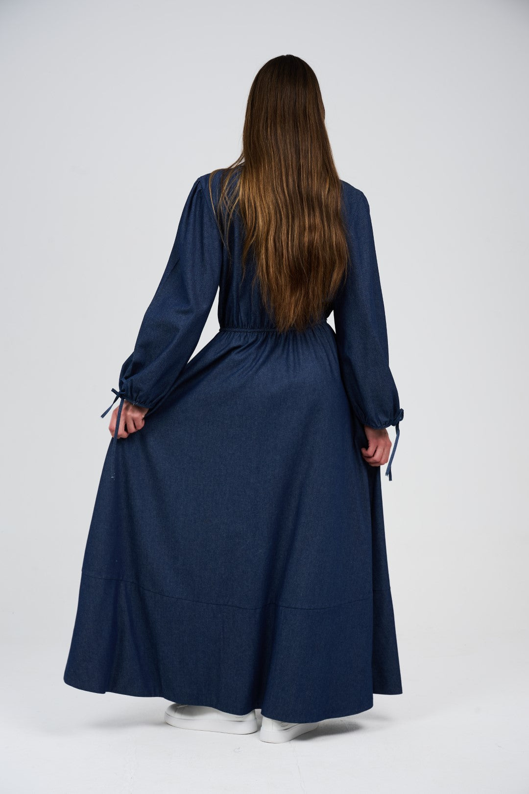 Women’s Denim Maxi Dress with Elastic Waist & Tie-Cuff Puff Sleeves