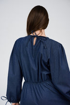 Women’s Denim Maxi Dress with Elastic Waist & Tie-Cuff Puff Sleeves