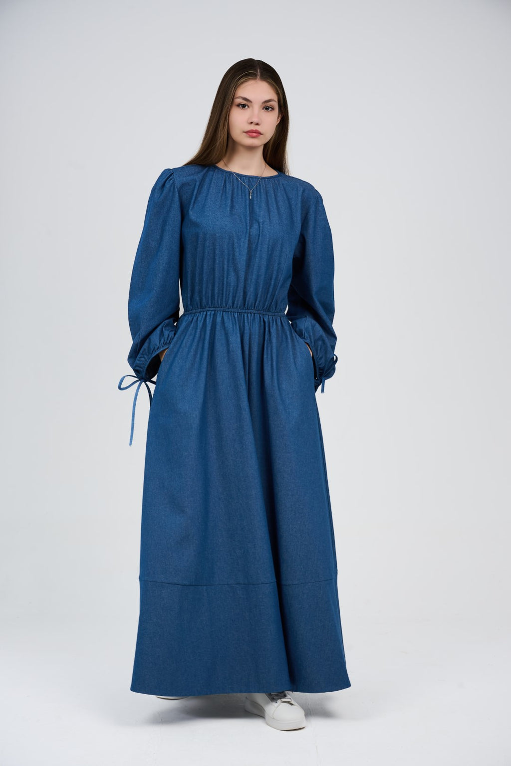 Women’s Denim Maxi Dress with Elastic Waist & Tie-Cuff Puff Sleeves