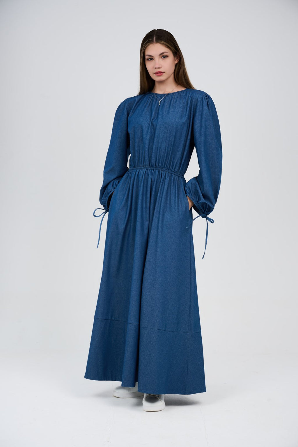 Women’s Denim Maxi Dress with Elastic Waist & Tie-Cuff Puff Sleeves