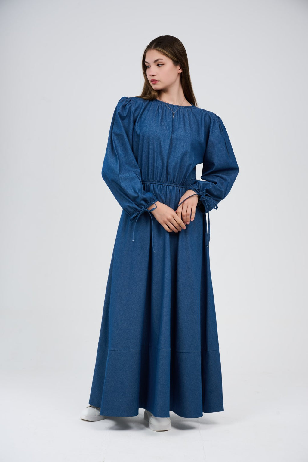 Women’s Denim Maxi Dress with Elastic Waist & Tie-Cuff Puff Sleeves