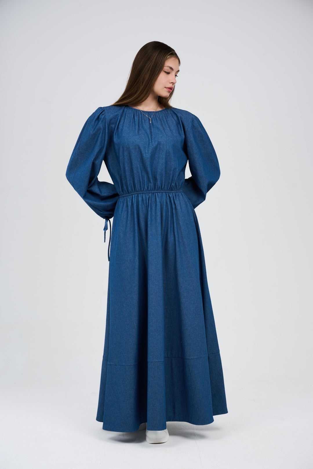 Women’s Denim Maxi Dress with Elastic Waist & Tie-Cuff Puff Sleeves