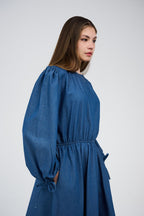 Women’s Denim Maxi Dress with Elastic Waist & Tie-Cuff Puff Sleeves