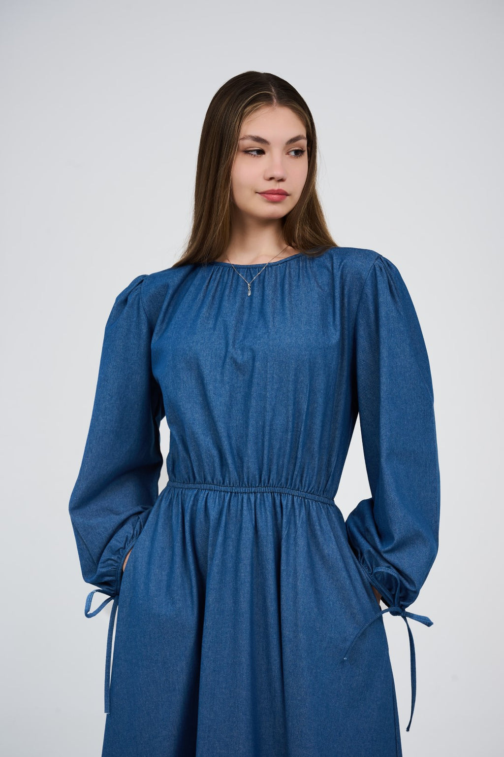 Women’s Denim Maxi Dress with Elastic Waist & Tie-Cuff Puff Sleeves