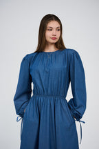 Women’s Denim Maxi Dress with Elastic Waist & Tie-Cuff Puff Sleeves