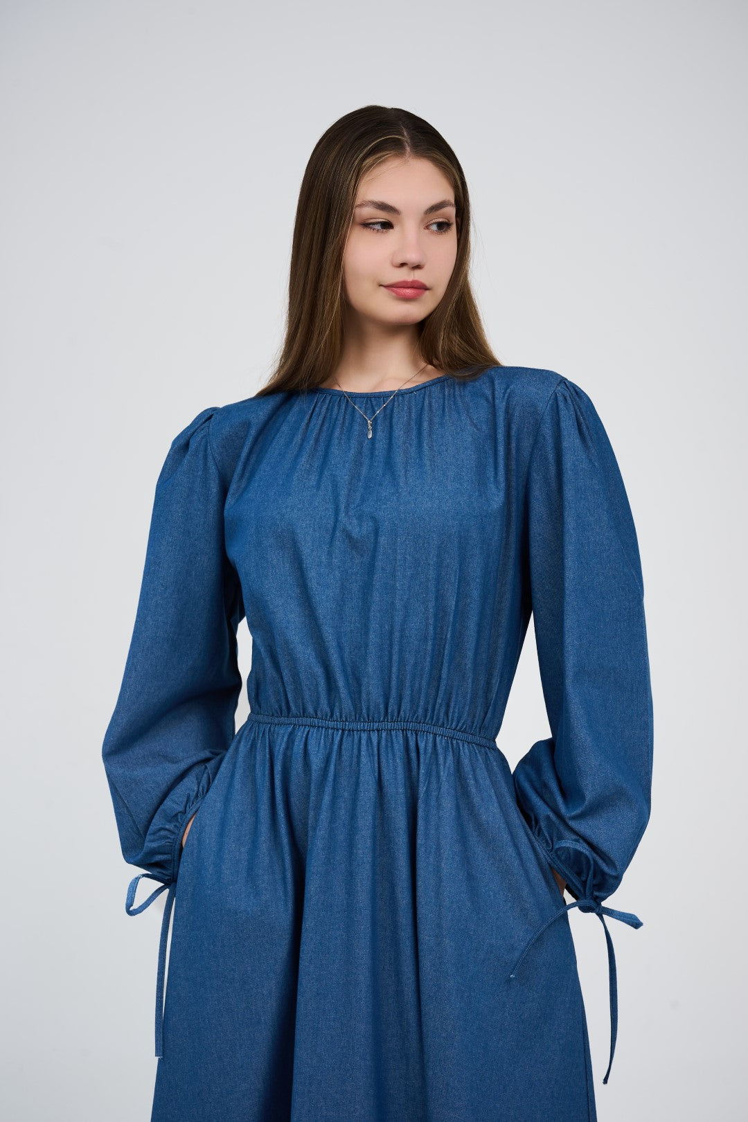 Women’s Denim Maxi Dress with Elastic Waist & Tie-Cuff Puff Sleeves