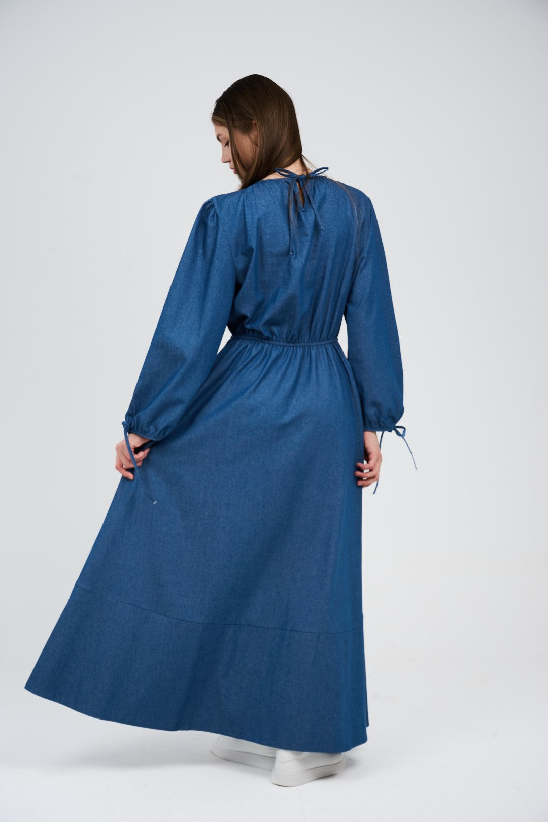 Women’s Denim Maxi Dress with Elastic Waist & Tie-Cuff Puff Sleeves