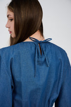 Women’s Denim Maxi Dress with Elastic Waist & Tie-Cuff Puff Sleeves