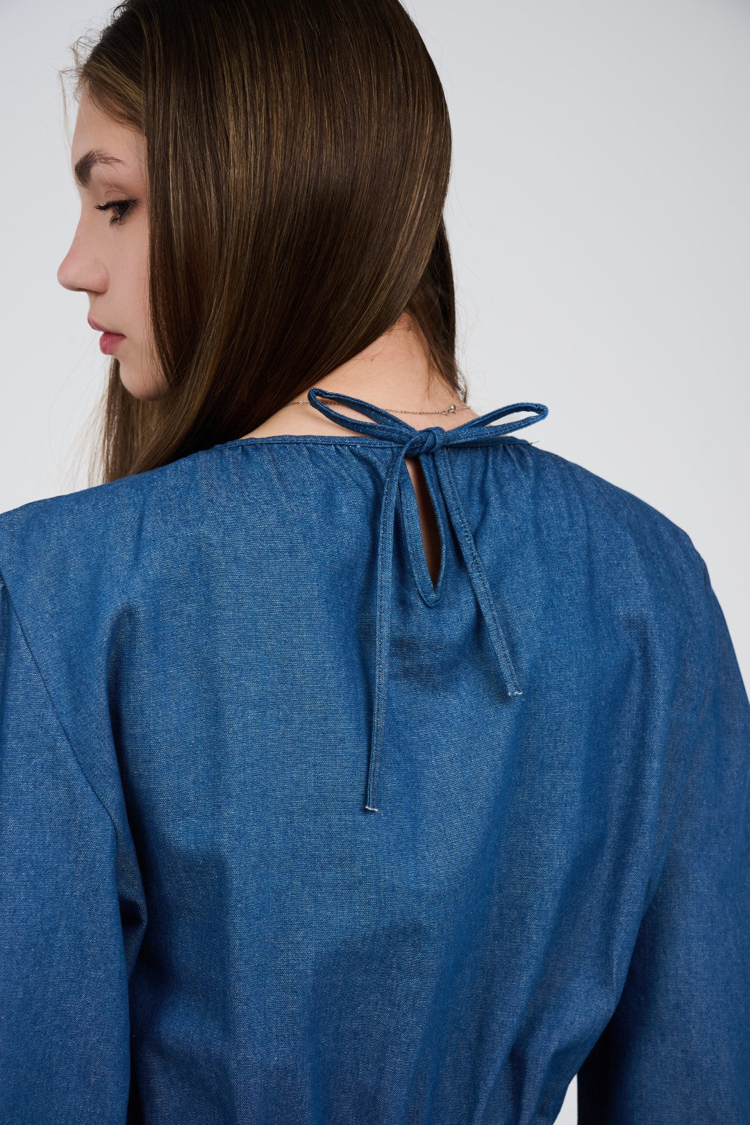 Women’s Denim Maxi Dress with Elastic Waist & Tie-Cuff Puff Sleeves