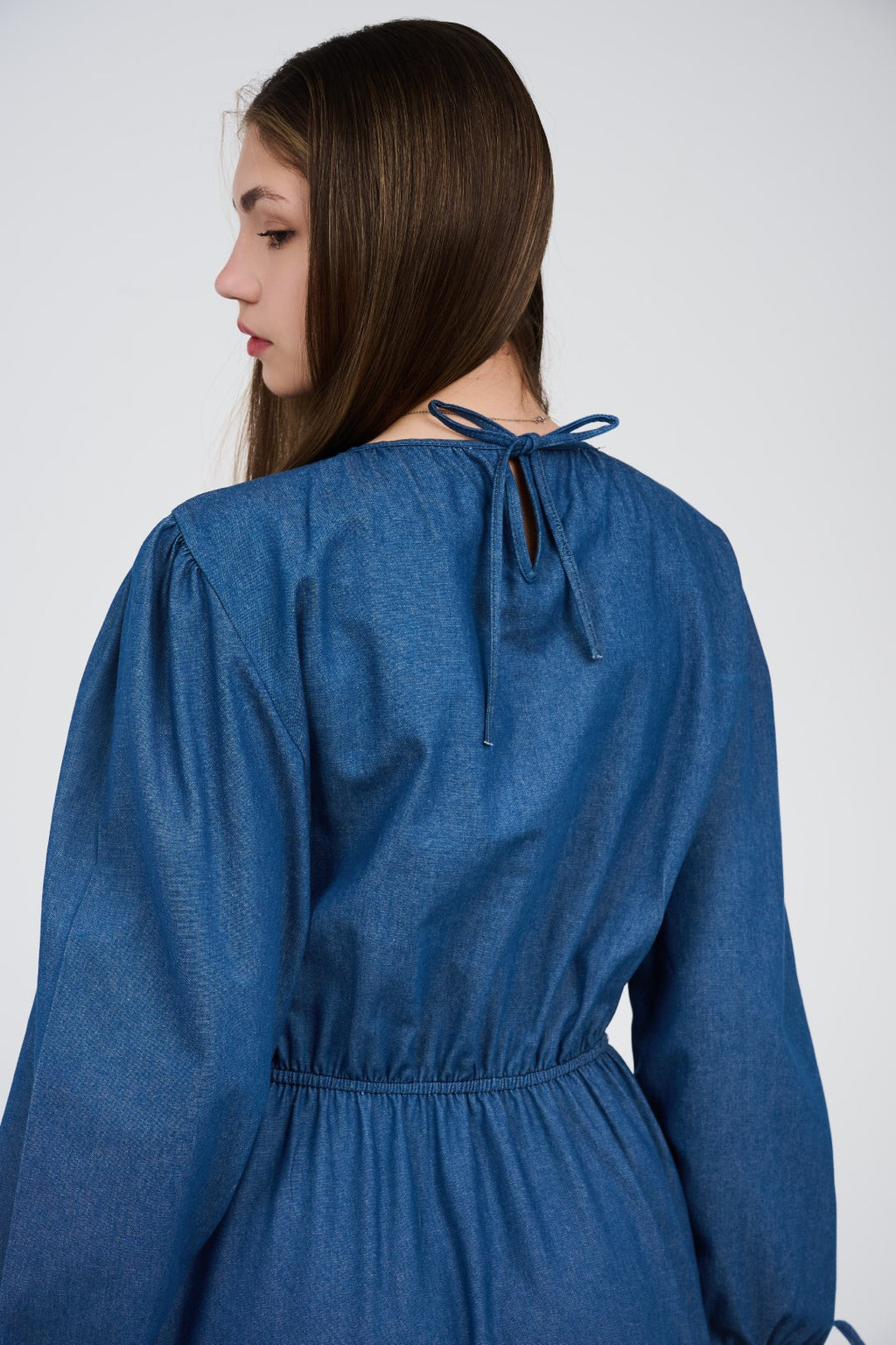 Women’s Denim Maxi Dress with Elastic Waist & Tie-Cuff Puff Sleeves