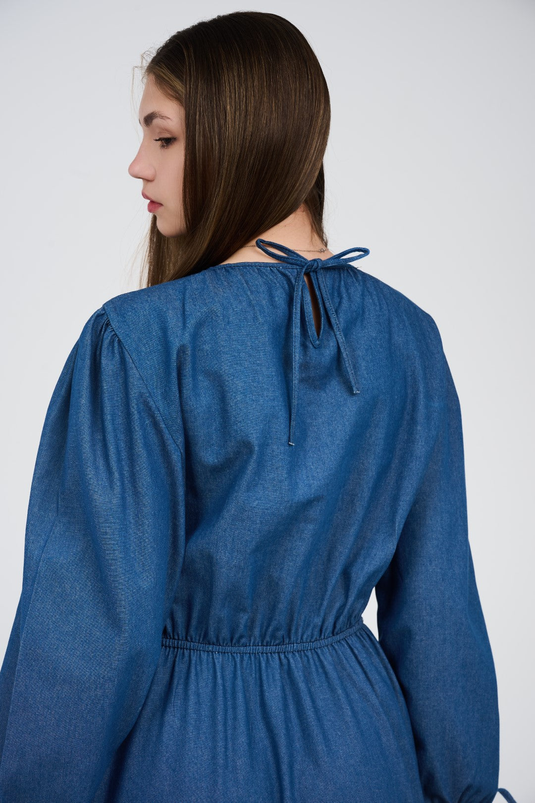 Women’s Denim Maxi Dress with Elastic Waist & Tie-Cuff Puff Sleeves