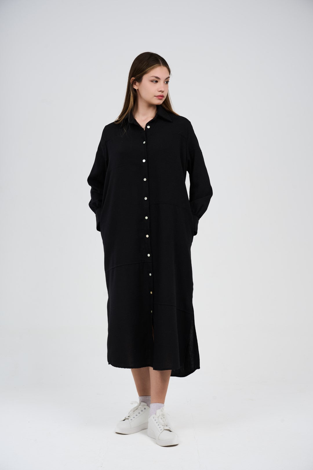 فستان قميص طويل بأزرار أمامية 