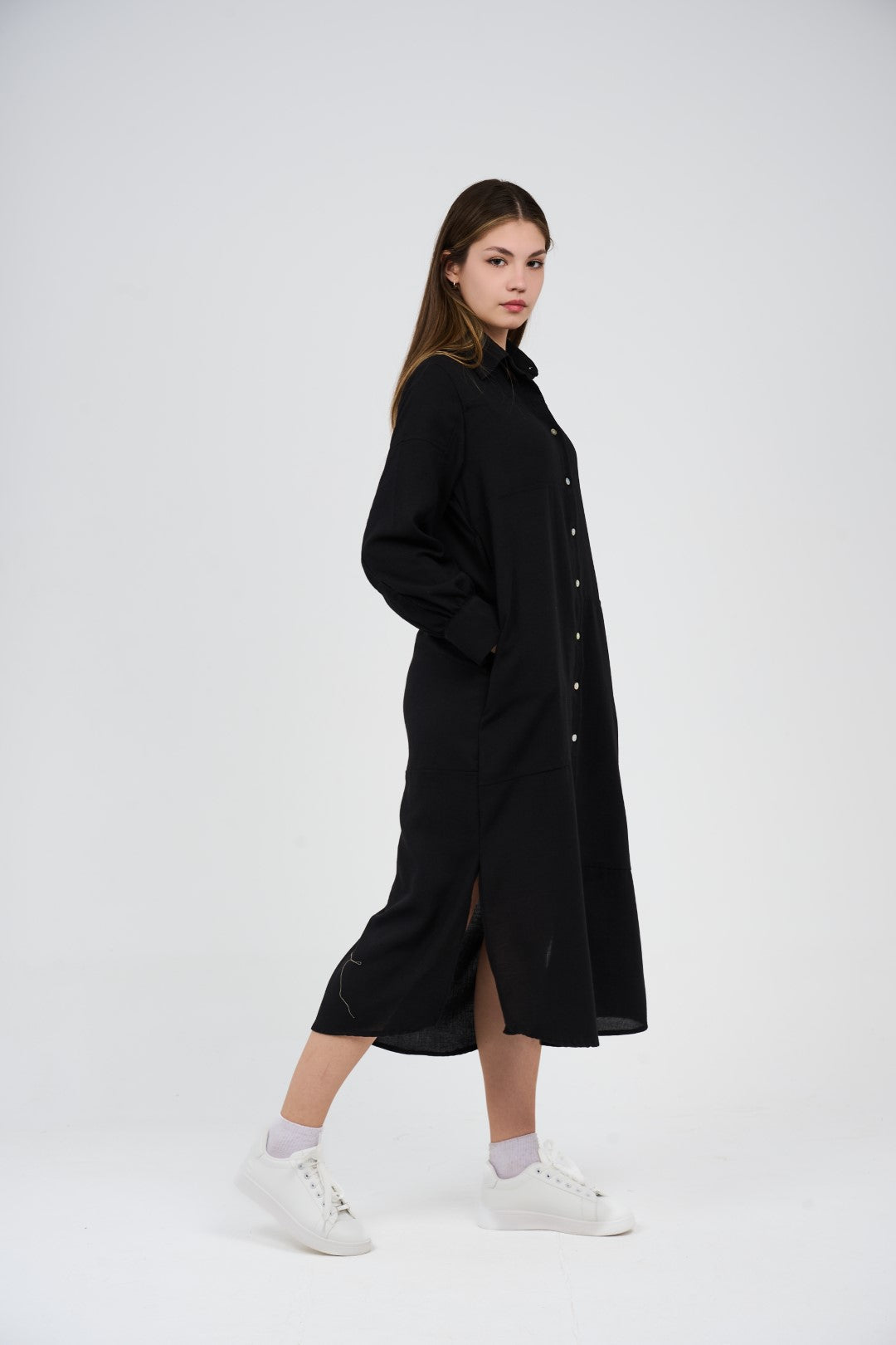 فستان قميص طويل بأزرار أمامية 