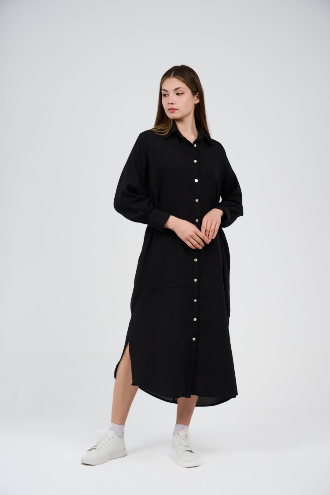 فستان قميص طويل بأزرار أمامية 