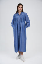Linen Women’s Striped Maxi Shirt Dress with Button Front
