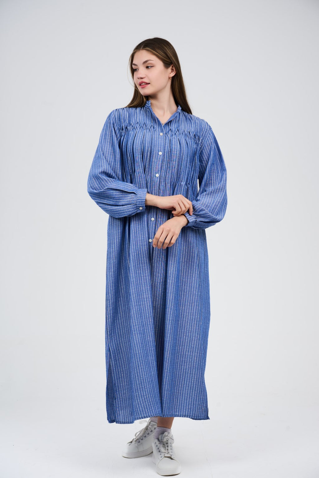 Linen Women’s Striped Maxi Shirt Dress with Button Front