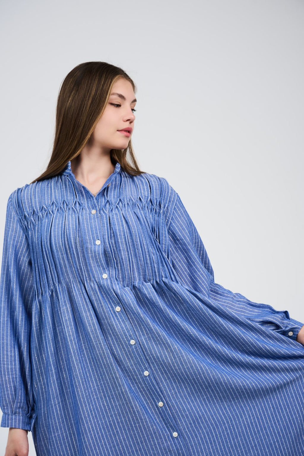 Linen Women’s Striped Maxi Shirt Dress with Button Front