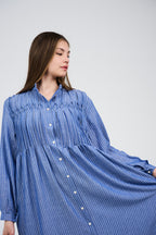 Linen Women’s Striped Maxi Shirt Dress with Button Front