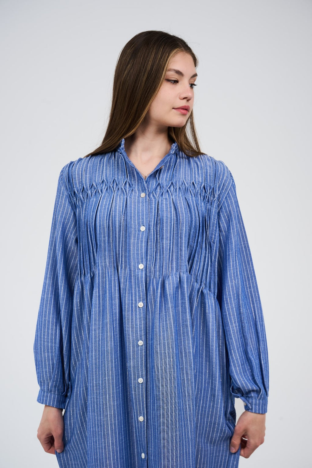 Linen Women’s Striped Maxi Shirt Dress with Button Front