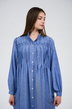 Linen Women’s Striped Maxi Shirt Dress with Button Front