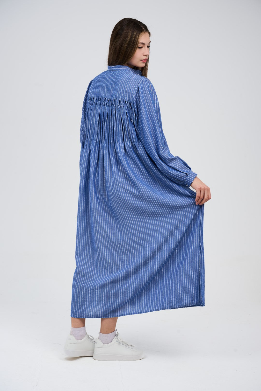 Linen Women’s Striped Maxi Shirt Dress with Button Front