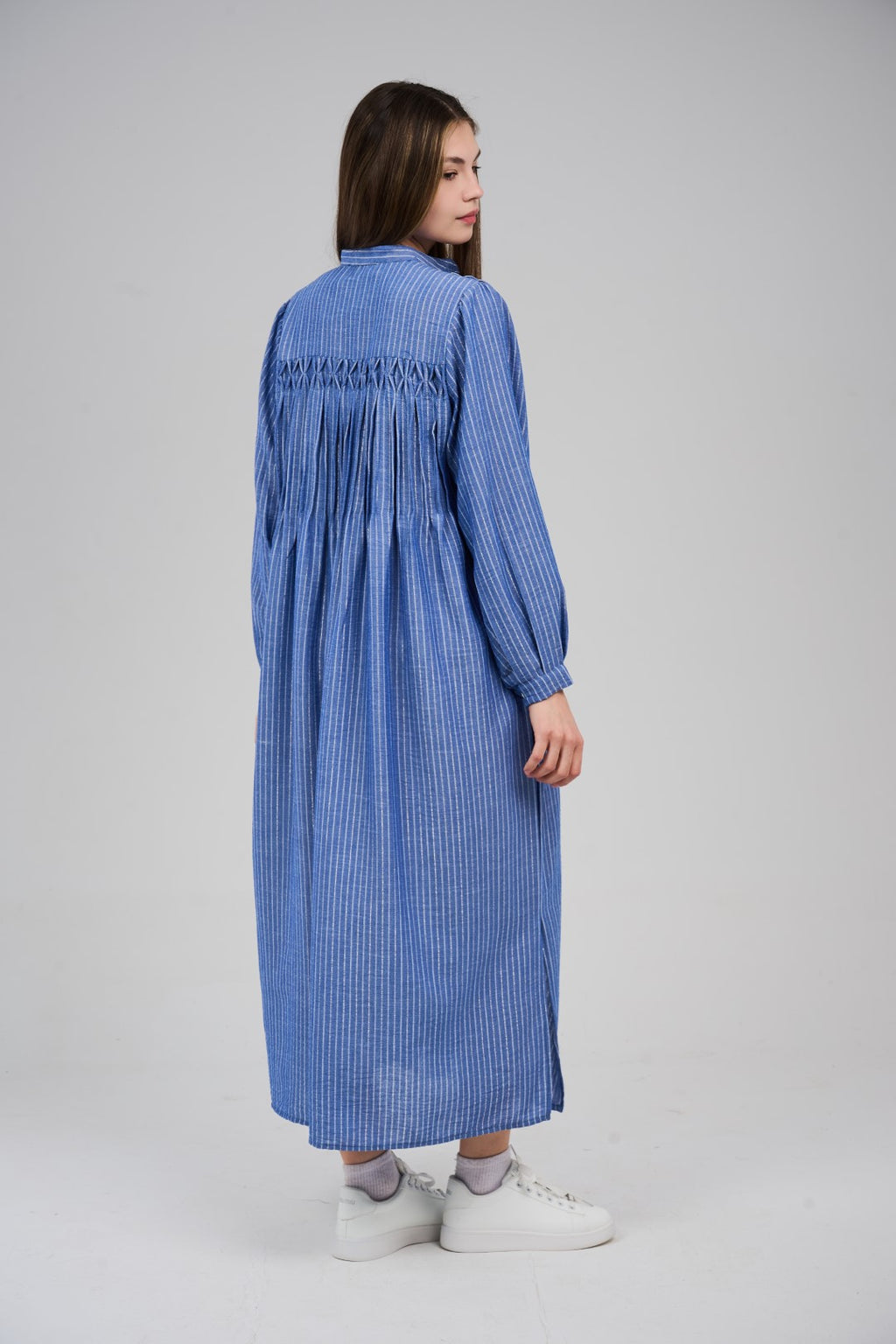 Linen Women’s Striped Maxi Shirt Dress with Button Front